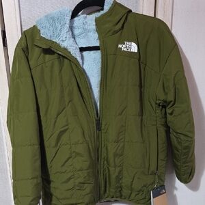 The North Face Girls Reversible Mossbud Swirl Jacket Olive Green Blue M 10/12